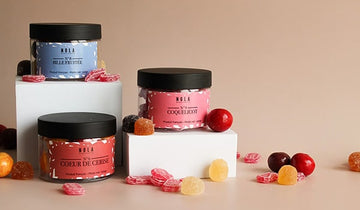 Mise en avant set N°6 avec bonbon coquelicot, coeur cerise et bille fruitée